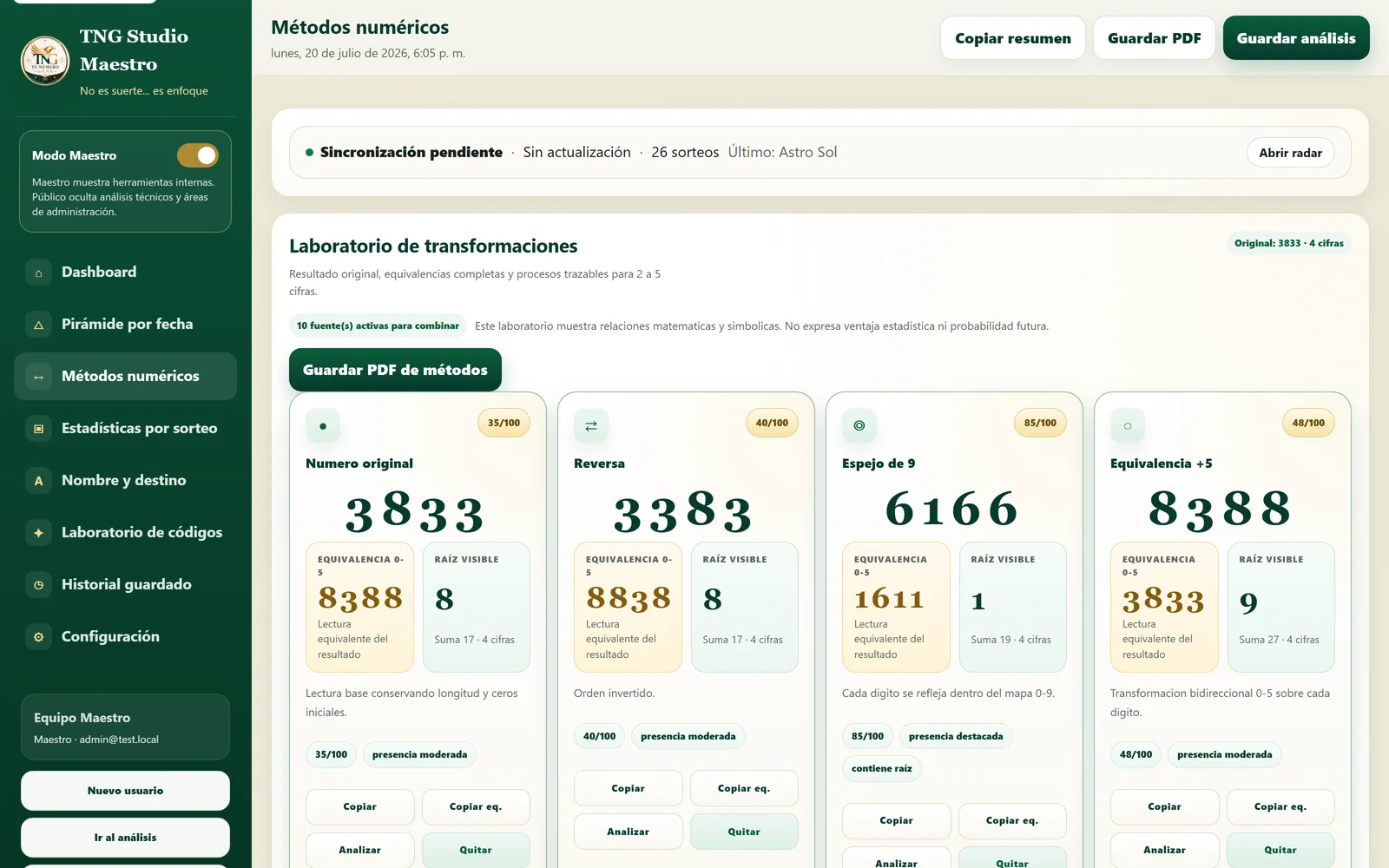 Captura actualizada del módulo de métodos numéricos del dashboard TNG.